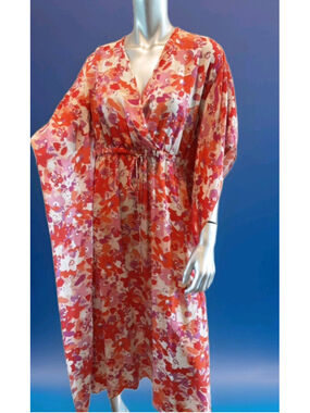 MAX MARA STUDIO-Silk Floral Dress Caftan Drawstring Waist Kimono Sleeves Sz S